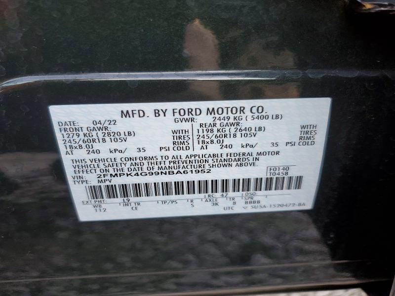 62136766 :رقم المزاد ، 2FMPK4G99NBA61952 vin ، 2022 Ford Edge مزاد بيع