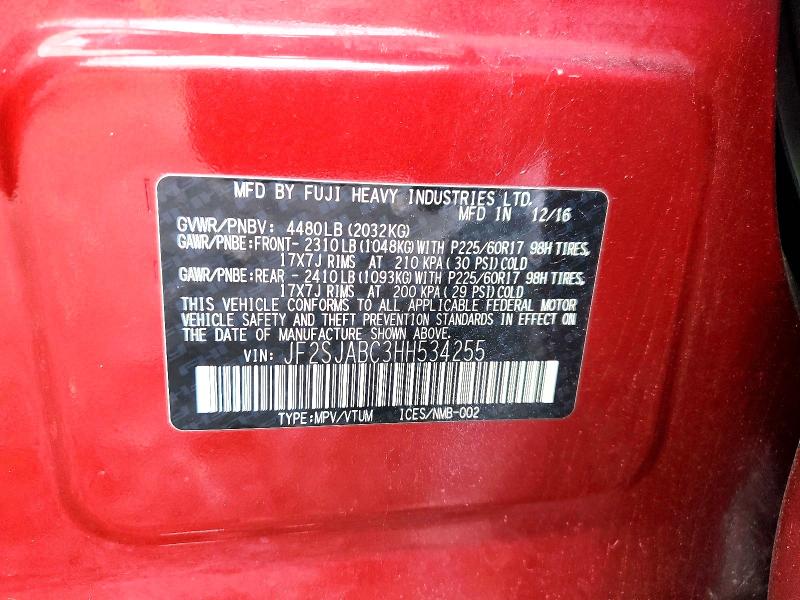 2017 Subaru Forester მანქანა იყიდება აუქციონზე, vin: JF2SJABC3HH534255, აუქციონის ნომერი: 62042036