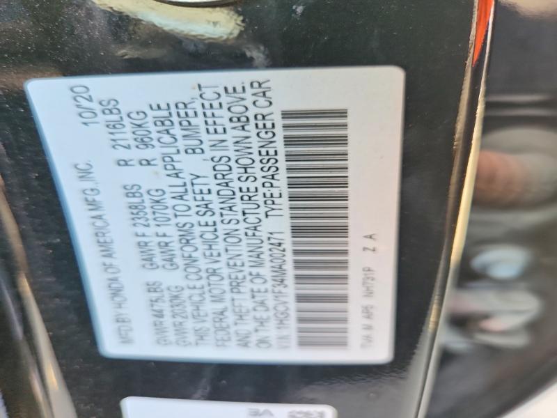 59784736 :رقم المزاد ، 1HGCV1F34MA002471 vin ، 2021 Honda Accord مزاد بيع