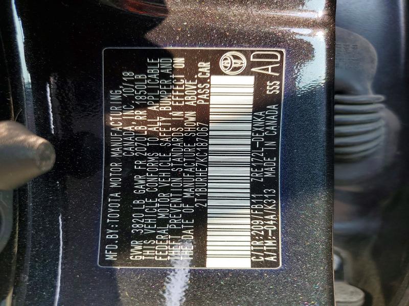 2019 Toyota Corolla მანქანა იყიდება აუქციონზე, vin: 2T1BURHE7KC187067, აუქციონის ნომერი: 62293336