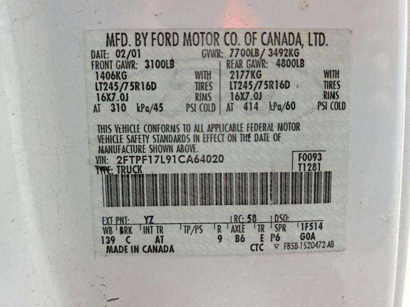 62297736 :رقم المزاد ، 2FTPF17L91CA64020 vin ، 2001 Ford F150 مزاد بيع