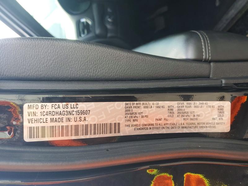 59844146 :رقم المزاد ، 1C4RDHAG3NC159607 vin ، 2022 Dodge Durango مزاد بيع