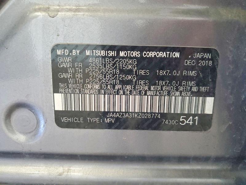 2019 Mitsubishi Outlander მანქანა იყიდება აუქციონზე, vin: JA4AZ3A31KZ028774, აუქციონის ნომერი: 63407106