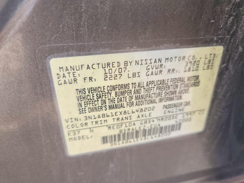 2008 Nissan Sentra მანქანა იყიდება აუქციონზე, vin: 3N1AB61EX8L648202, აუქციონის ნომერი: 62969616