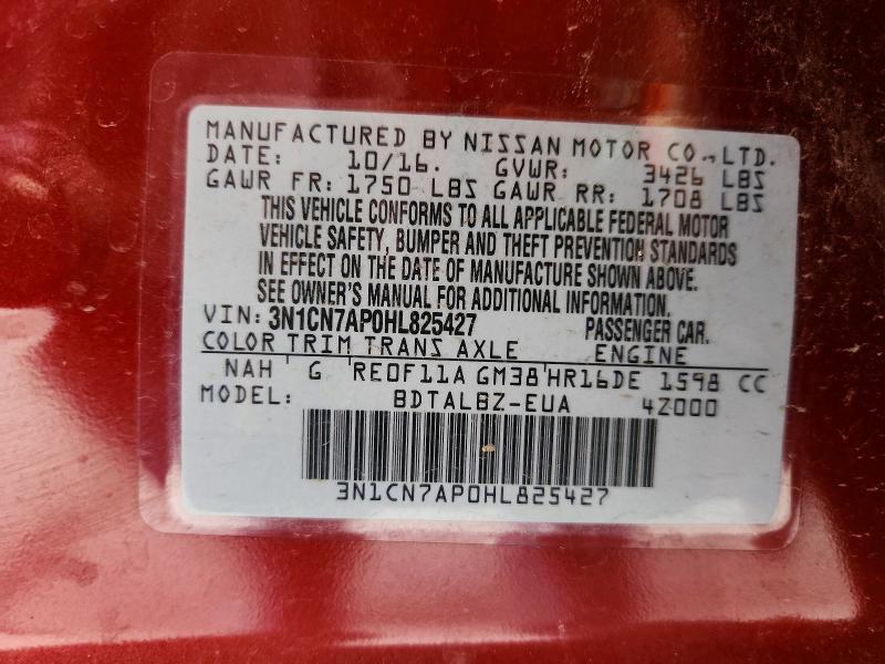 Aukcja sprzedaży 2017 Nissan Versa, vin: 3N1CN7AP0HL825427, numer aukcji: 62686406
