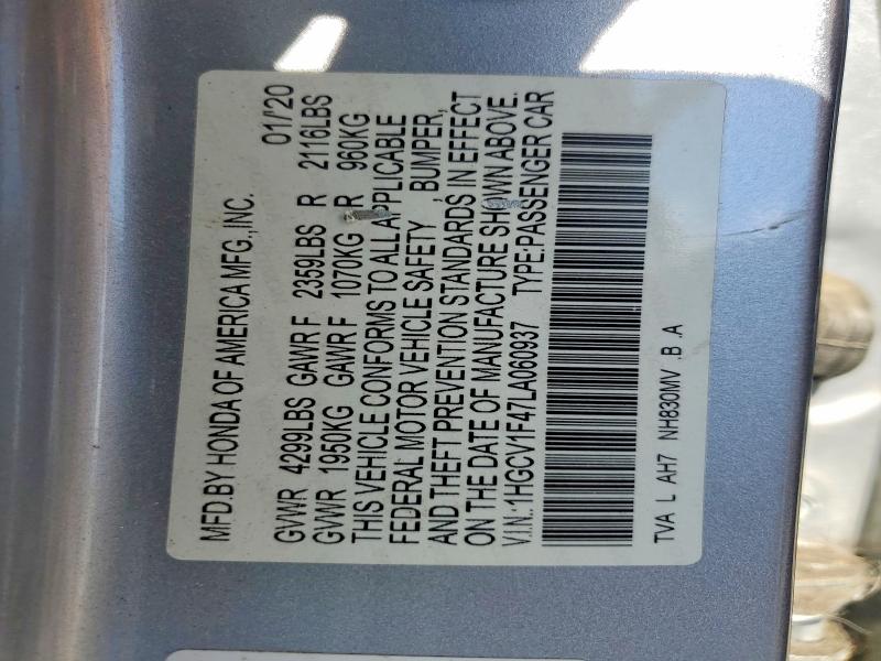 60431416 :رقم المزاد ، 1HGCV1F47LA060937 vin ، 2020 Honda Accord مزاد بيع