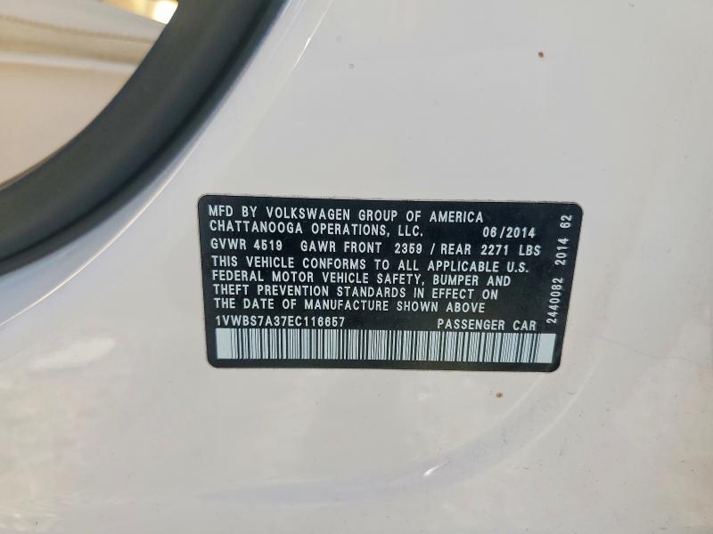 2014 Volkswagen Passat მანქანა იყიდება აუქციონზე, vin: 1VWBS7A37EC116657, აუქციონის ნომერი: 62838236