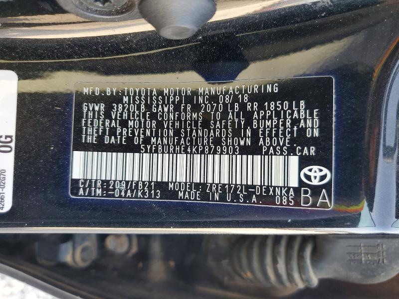2019 Toyota Corolla მანქანა იყიდება აუქციონზე, vin: 5YFBURHE4KP879903, აუქციონის ნომერი: 63157896