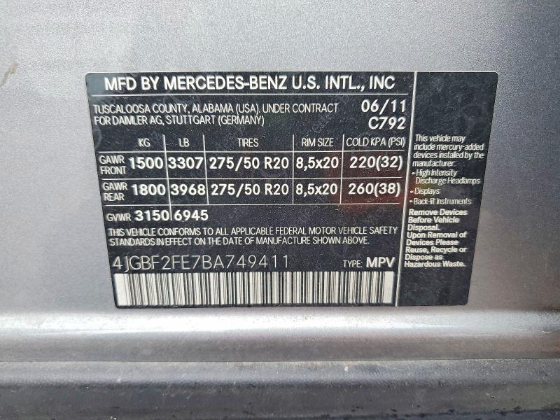 2011 Mercedes-benz Gl მანქანა იყიდება აუქციონზე, vin: 4JGBF2FE7BA749411, აუქციონის ნომერი: 62789536