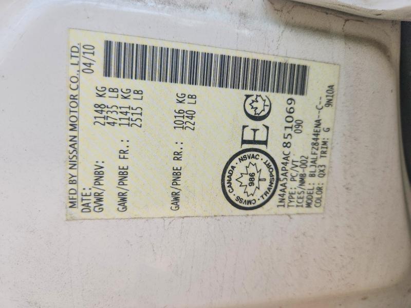 60590376 :رقم المزاد ، 1N4AA5AP4AC851069 vin ، 2010 Nissan Maxima مزاد بيع