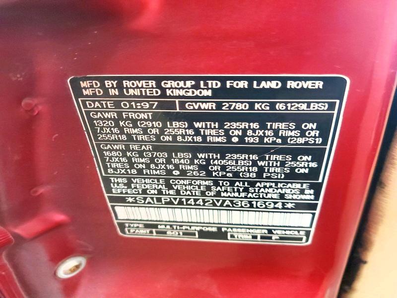 62260716 :رقم المزاد ، SALPV1442VA361694 vin ، 1997 Land Rover Range Rover مزاد بيع