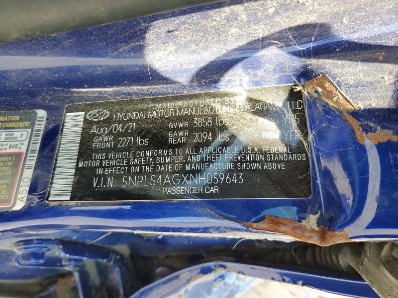 61735606 :رقم المزاد ، 5NPLS4AGXNH059643 vin ، 2022 Hyundai Elantra مزاد بيع