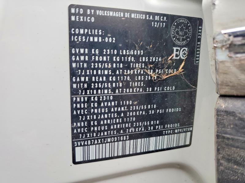 2018 Volkswagen Tiguan მანქანა იყიდება აუქციონზე, vin: 3VV4B7AX1JM091683, აუქციონის ნომერი: 61803876