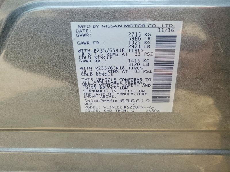 2017 Nissan Pathfinder მანქანა იყიდება აუქციონზე, vin: 5N1DR2MM4HC636619, აუქციონის ნომერი: 60977606