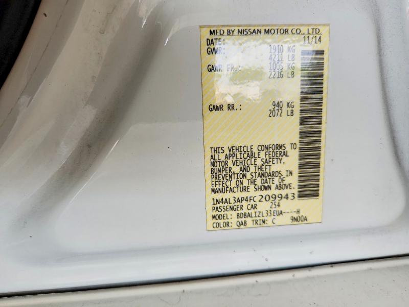 2015 Nissan Altima მანქანა იყიდება აუქციონზე, vin: 1N4AL3AP4FC209943, აუქციონის ნომერი: 60188196