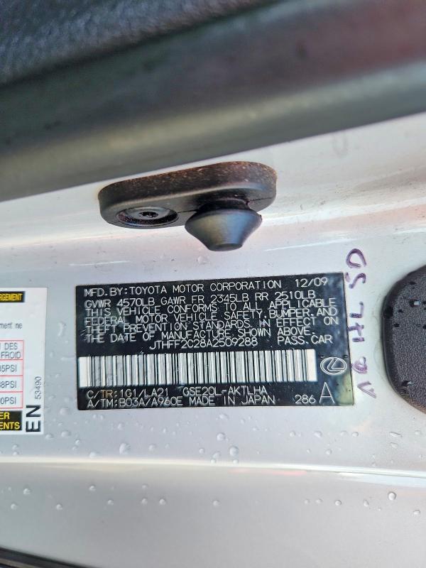 61757206 :رقم المزاد ، JTHFF2C28A2509288 vin ، 2010 Lexus Is 250c مزاد بيع