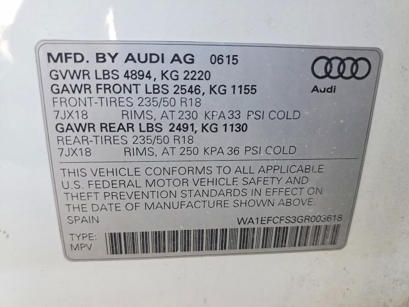 85979575 :رقم المزاد ، WA1EFCFS3GR003618 vin ، 2016 Audi Q3 مزاد بيع