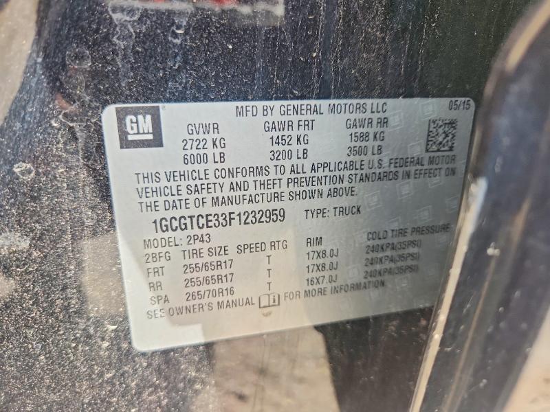 2015 Chevrolet Colorado მანქანა იყიდება აუქციონზე, vin: 1GCGTCE33F1232959, აუქციონის ნომერი: 61223046