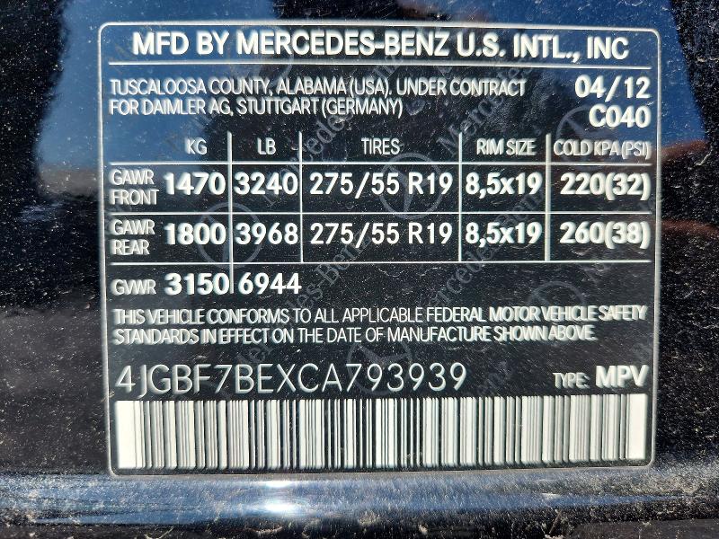 62282516 :رقم المزاد ، 4JGBF7BEXCA793939 vin ، 2012 Mercedes-benz Gl مزاد بيع
