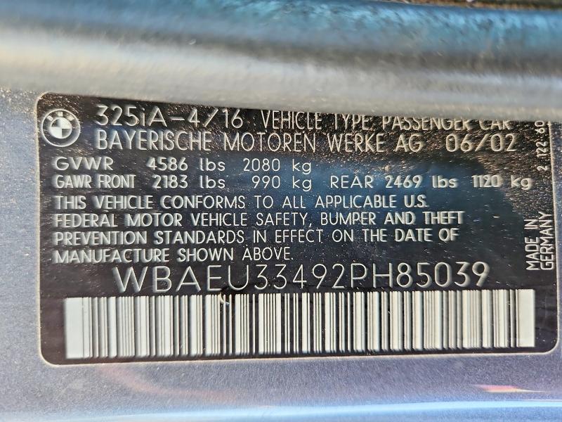 59863746 :رقم المزاد ، WBAEU33492PH85039 vin ، 2002 Bmw 325 مزاد بيع