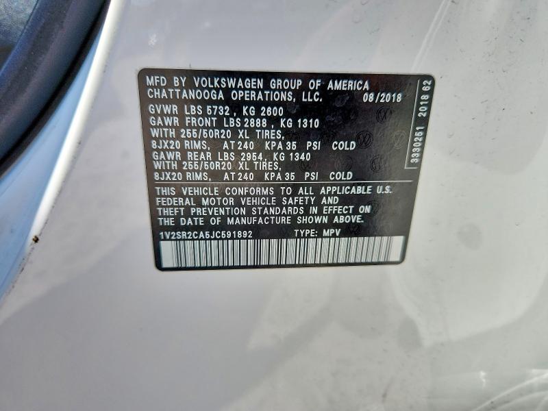 Продажа на аукционе авто 2018 Volkswagen Atlas, vin: 1V2SR2CA5JC591892, номер лота: 63304206