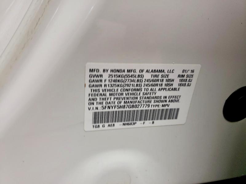 Aukcja sprzedaży 2016 Honda Pilot, vin: 5FNYF5H87GB027779, numer aukcji: 62330136