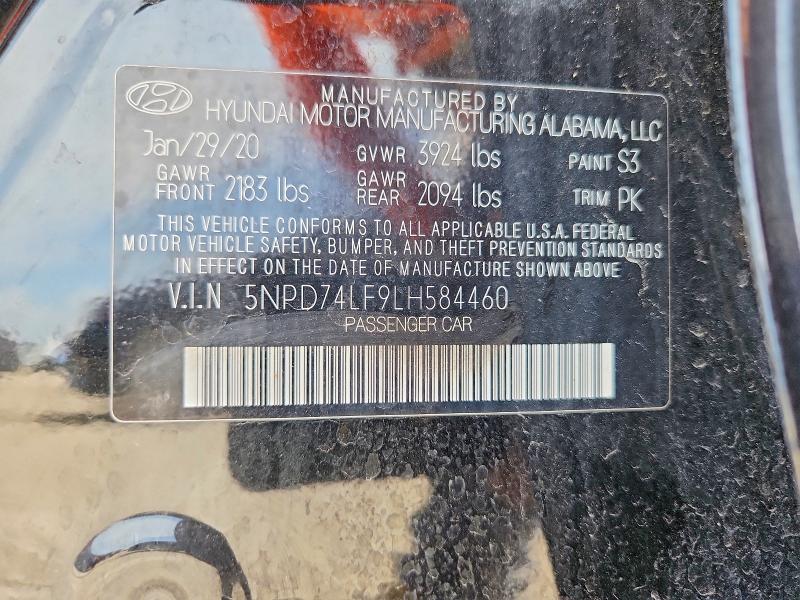 60016706 :رقم المزاد ، 5NPD74LF9LH584460 vin ، 2020 Hyundai Elantra مزاد بيع