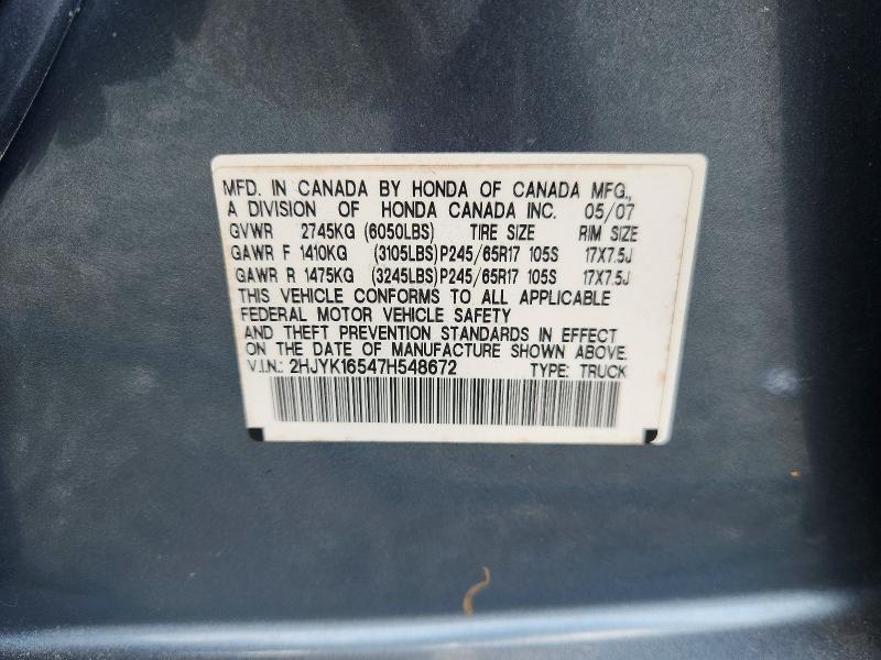 Aukcja sprzedaży 2007 Honda Ridgeline, vin: 2HJYK16547H548672, numer aukcji: 61799086