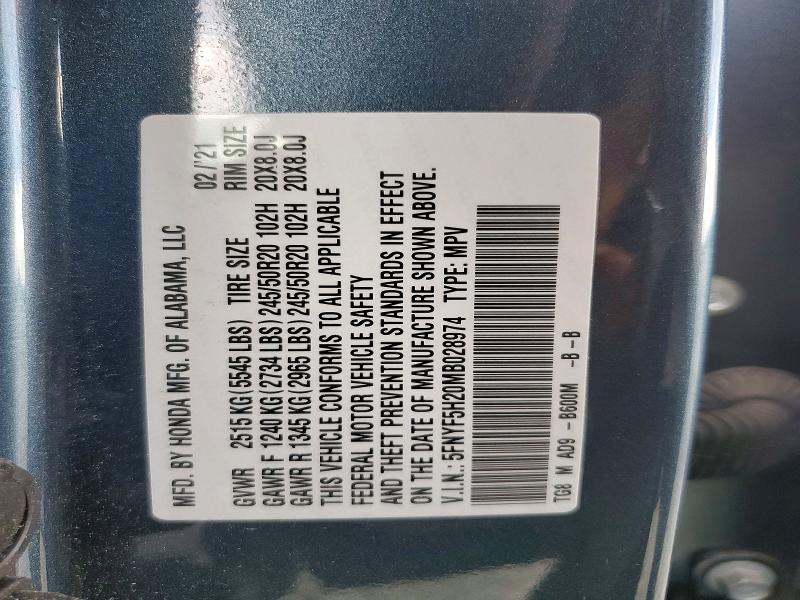 Продаж на аукціоні авто 2021 Honda Pilot, vin: 5FNYF5H20MB028974, номер лоту: 59709946