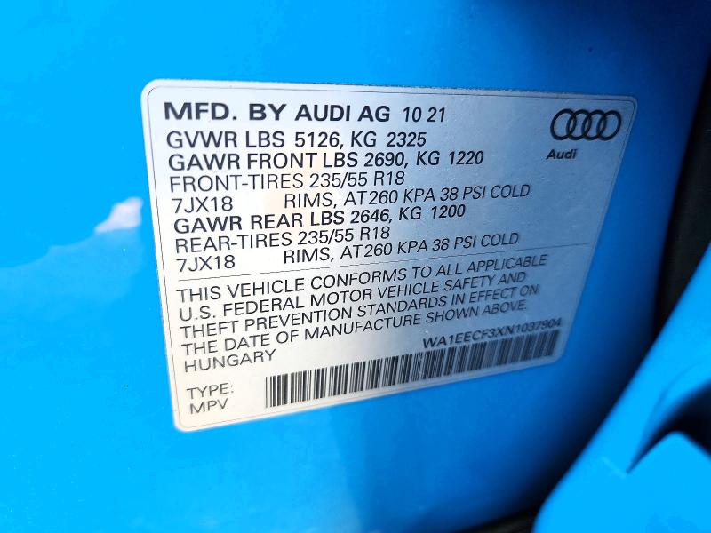 2022 Audi Q3 მანქანა იყიდება აუქციონზე, vin: WA1EECF3XN1037904, აუქციონის ნომერი: 62313886