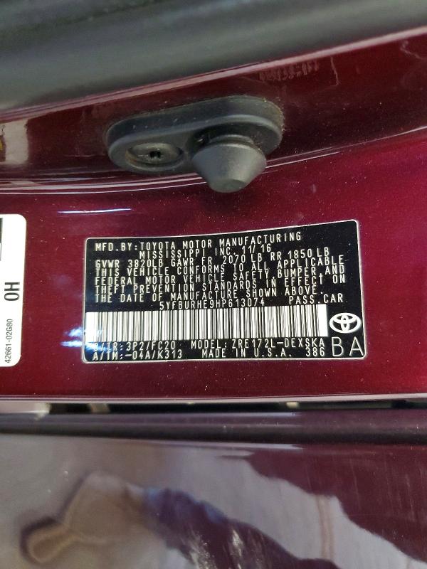 Aukcja sprzedaży 2017 Toyota Corolla, vin: 5YFBURHE9HP613074, numer aukcji: 61906136