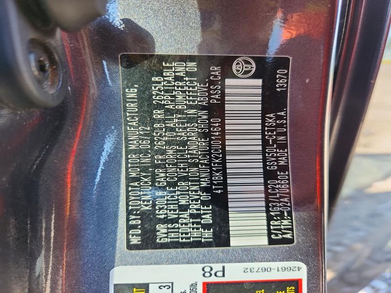57572046 :رقم المزاد ، 4T1BK1FK2CU014640 vin ، 2012 Toyota Camry مزاد بيع