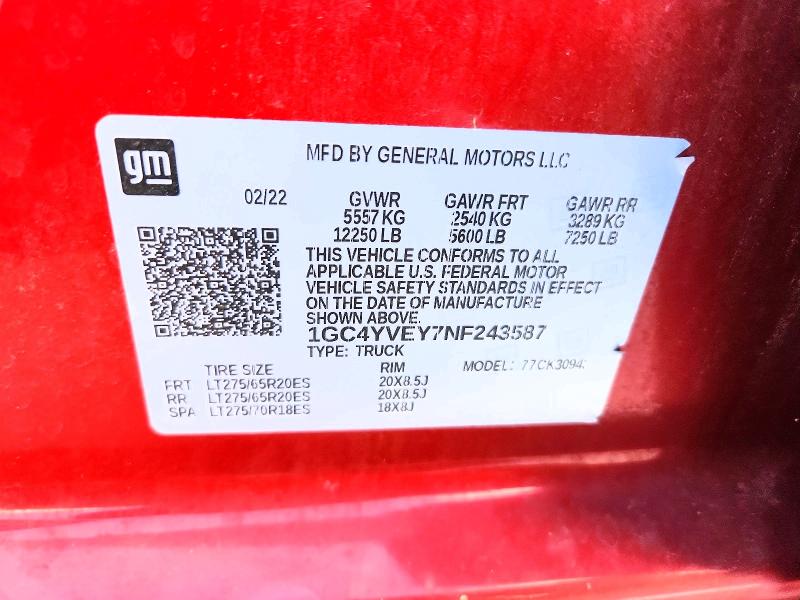 Aukcja sprzedaży 2022 Chevrolet Silverado, vin: 1GC4YVEY7NF243587, numer aukcji: 61222136