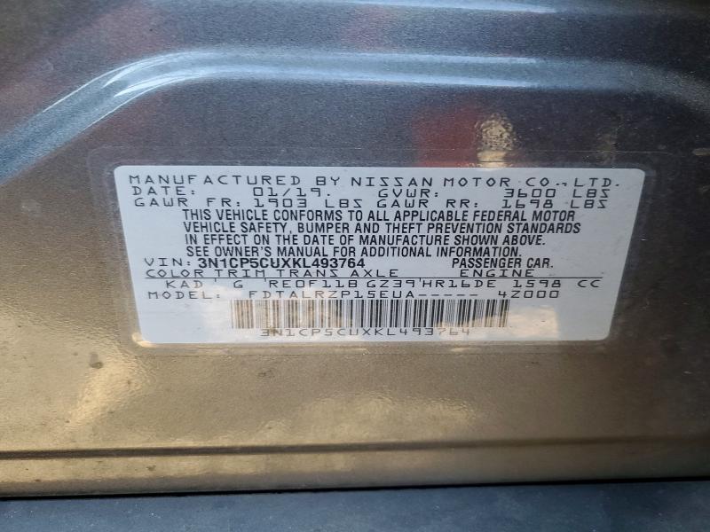 2019 Nissan Kicks მანქანა იყიდება აუქციონზე, vin: 3N1CP5CUXKL493764, აუქციონის ნომერი: 61363286
