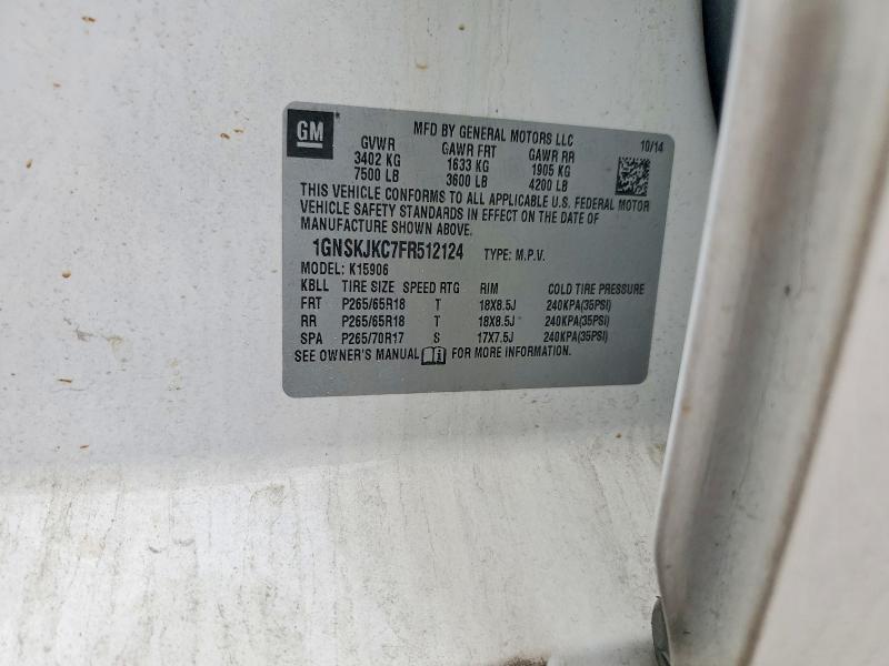 2015 Chevrolet Suburban მანქანა იყიდება აუქციონზე, vin: 1GNSKJKC7FR512124, აუქციონის ნომერი: 61064766