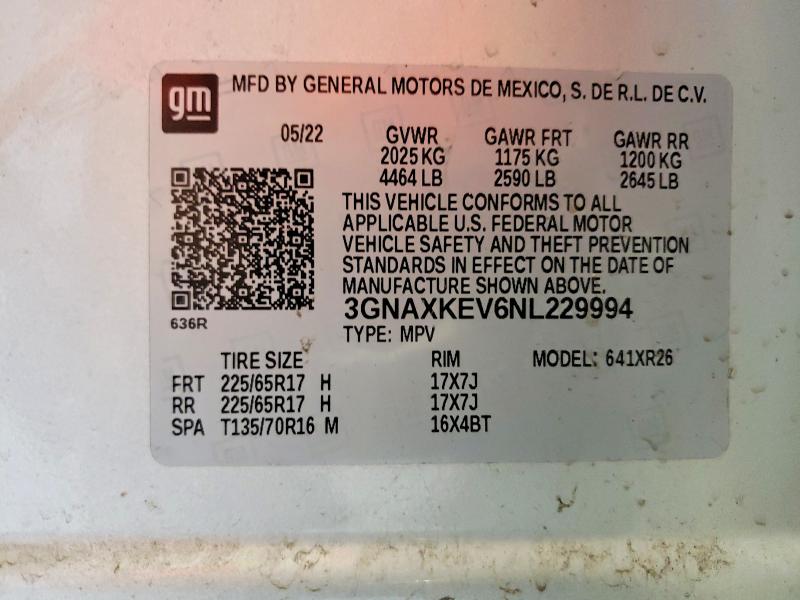 Продажа на аукционе авто 2022 Chevrolet Equinox, vin: 3GNAXKEV6NL229994, номер лота: 61136846