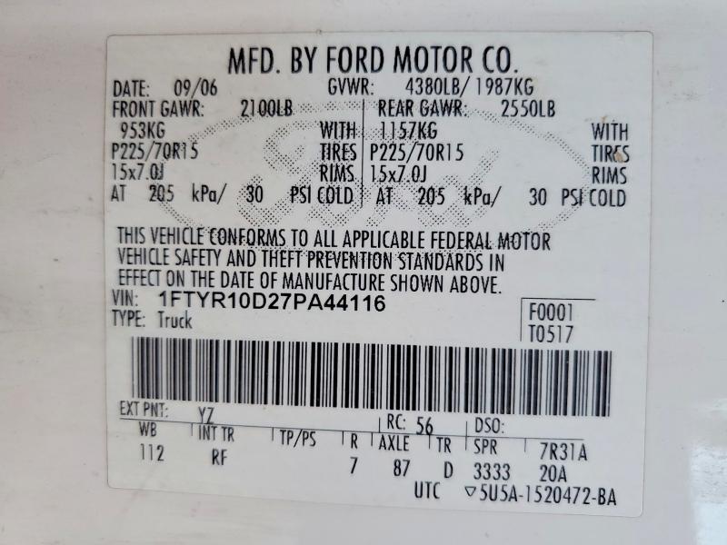Aukcja sprzedaży 2007 Ford Ranger, vin: 1FTYR10D27PA44116, numer aukcji: 62428076