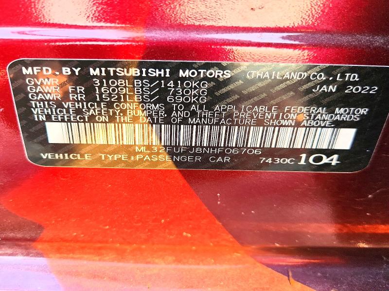 61955756 :رقم المزاد ، ML32FUFJ8NHF06706 vin ، 2022 Mitsubishi Mirage مزاد بيع