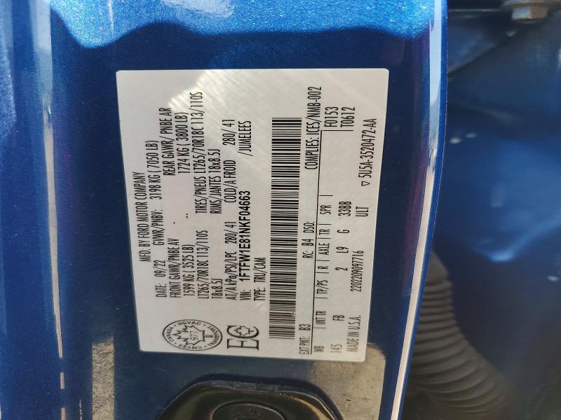 2022 Ford F150 მანქანა იყიდება აუქციონზე, vin: 1FTFW1E81NKF04663, აუქციონის ნომერი: 61164066