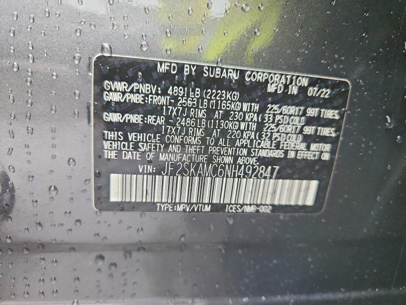 2022 Subaru Forester მანქანა იყიდება აუქციონზე, vin: JF2SKAMC6NH492847, აუქციონის ნომერი: 62281676