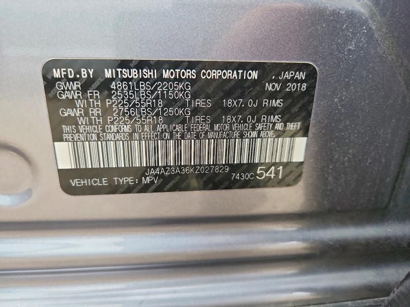 2019 Mitsubishi Outlander მანქანა იყიდება აუქციონზე, vin: JA4AZ3A36KZ027829, აუქციონის ნომერი: 63358206