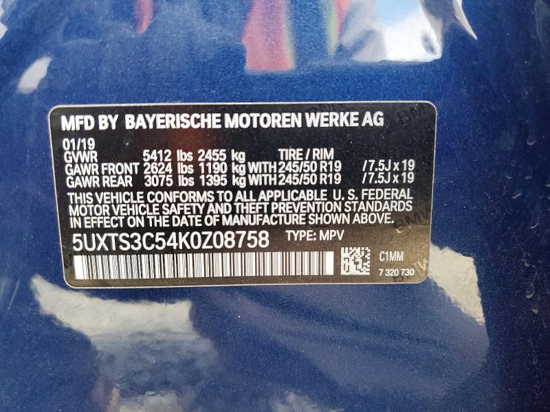 61041166 :رقم المزاد ، 5UXTS3C54K0Z08758 vin ، 2019 Bmw X3 مزاد بيع