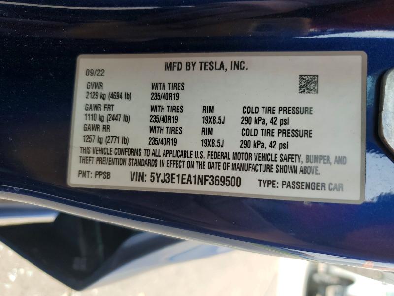 Aukcja sprzedaży 2022 Tesla Model 3, vin: 5YJ3E1EA1NF369500, numer aukcji: 63053236