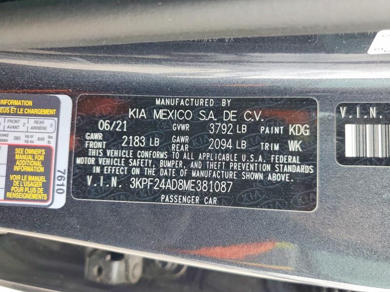 Aukcja sprzedaży 2021 Kia Forte, vin: 3KPF24AD8ME381087, numer aukcji: 62070576
