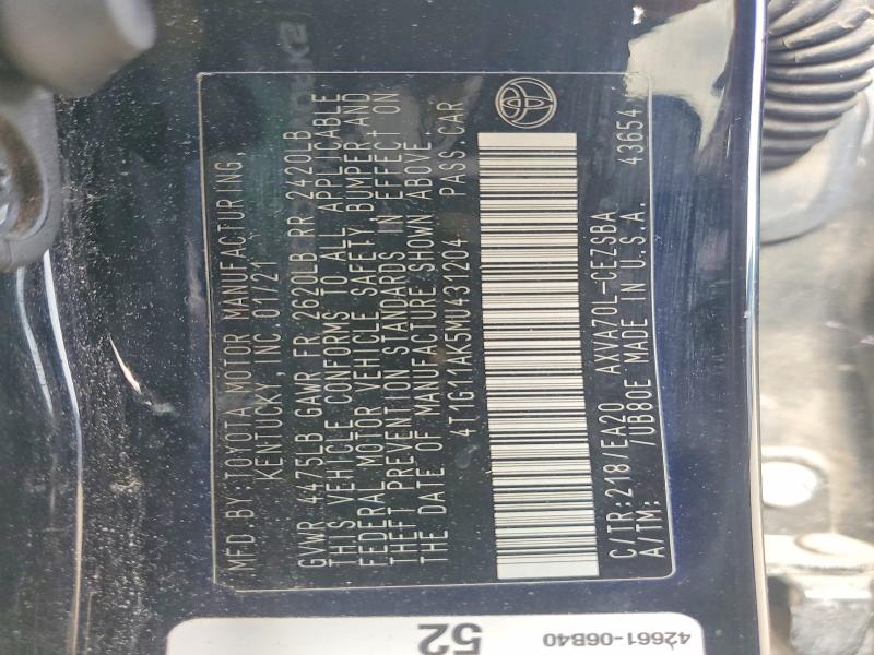 Aukcja sprzedaży 2021 Toyota Camry, vin: 4T1G11AK5MU431204, numer aukcji: 60689196
