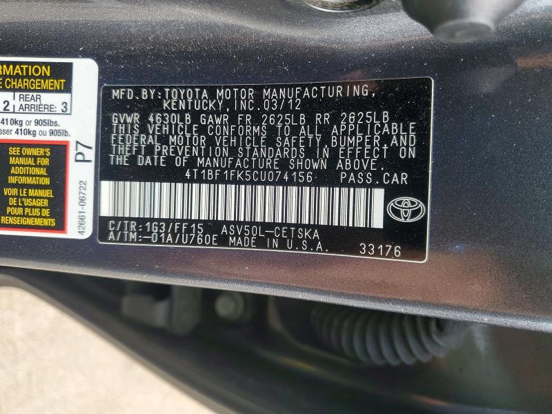 Продажа на аукционе авто 2012 Toyota Camry, vin: 4T1BF1FK5CU074156, номер лота: 62206566