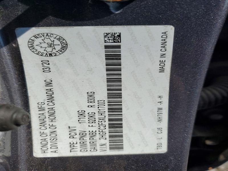 2020 Honda Civic მანქანა იყიდება აუქციონზე, vin: 2HGFC2F5XLH017003, აუქციონის ნომერი: 61514266