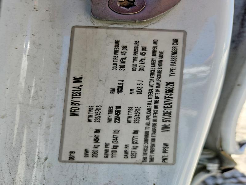 Продажа на аукционе авто 2019 Tesla Model 3, vin: 5YJ3E1EA7KF466826, номер лота: 60291726