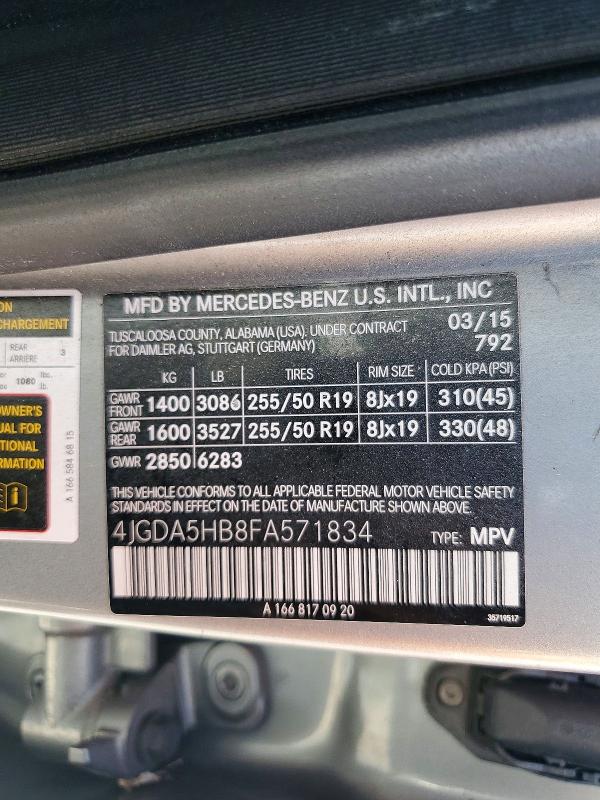 61604126 :رقم المزاد ، 4JGDA5HB8FA571834 vin ، 2015 Mercedes-benz Ml مزاد بيع