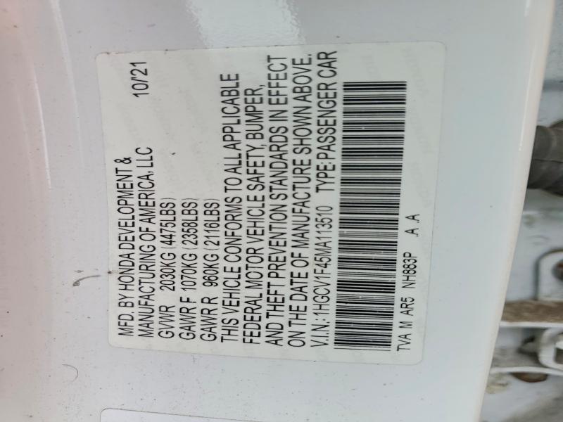 Aukcja sprzedaży 2021 Honda Accord, vin: 1HGCV1F45MA113510, numer aukcji: 58735636